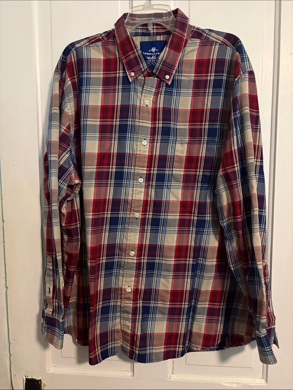 Saddlebred Red, Blue and Tan Plaid Button-Down Shirt